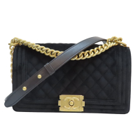 【二手名牌BRAND OFF】CHANEL 香奈兒黑色 絲絨 菱格紋 BOY25 肩背包 金扣