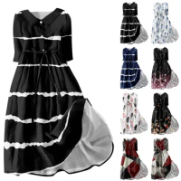 Women's Fashion Casual Dresses Funny Printed Lapel Collar Button Dress High Quality 3/4 Sleeved Straps Dress vestidos largos