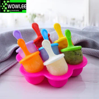 Mini Silicone Ice Cream Pops Mold, 7Holes, Food Grade, Baby DIY, Fruit Shake Crea, Reusable Popsicle, Home Kitchen Tools, Tray