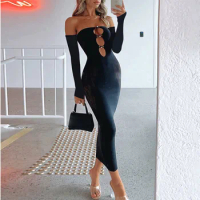 2023 New Luxury Designer Young Sexy Club See Through Lace Hollow Out Strapless Full Sleeve High Waist Women Long Pencil Dress