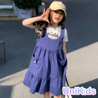 【UniKids】中大童裝口袋吊帶裙 韓版無袖可愛風 女大童裝 VW23004(背帶裙)