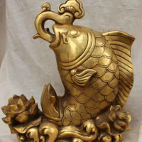 14" Chinese Bronze Lotus Lianhua Jumper Gold Fish Goldfish Animal Ruyi Statue