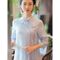2024 Ao Dai Chiffon Long Aodai Women Vietnam Print Flower Cheongsam Vintage Mandarin Collar Elegant Vietnam Traditional Dress