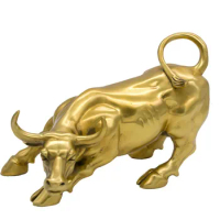 Golden Brass Charging Stock Market Bull Figurine Wall Street Bull Ox Statue Feng Shui Scuplture Home Office Decor