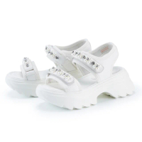 【TAS】珍珠鑽飾雙帶真皮厚底涼鞋(白色)