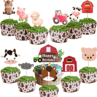 1set Farmland Animal Cake Toppers Carton Cow Pig Gift Bags Paper Cake Wrapper for Kids Farm Themed Animal Birthday Party Decor