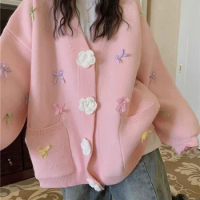 Kimotimo Candy Colors Bow 3D Flowers Knitted Cardigan Women Autumn Winter V Neck Sweet Loose Single Breasted Lazy Sweater Coat