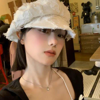 Literary Retro Burr White Beret Female Japanese Casual Big Head Circumference Bud Painter Hat Showing Face Small Octagonal Hat
