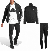 【adidas 愛迪達】運動套裝 男款 黑 白 三條線 經典 立領 外套 長袖 長褲 愛迪達(IC6747)