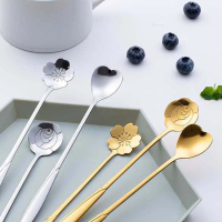 【SwiftHome】Long Handled Tea Spoon Long Handled Tea Spoon Stainless Steel Petal Heart -Silver Gold