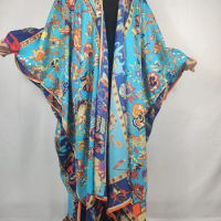 Plus Size Bohemian Kuwait Silk Floral Women's Full Length Kimonos Casual African Lady's Swimwear Cardigan Kaftan Clothes