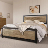 Queen Size Metal Platform Bed Frame with Wooden Headboard Heavy Duty Strong Support Large Storage/No Box Spring Needed