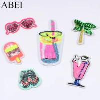 10pcs/lot New Sequined Coconut Tree Ice Cream Drinks Stickers DIY Sewing Garments Fabric Appliques Iron On Jeans Bags Patches
