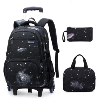 3Pcs Starry Sky Kids Rolling Backpack for Boys Wheeled School Bag 6 Wheels Trolley Bookbag Carry on Luggage with Lunch Bag
