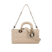 【Dior 迪奧】Lady D-Joy 籐格紋羊皮橫版中款黛妃包_展示品(淡米色)
