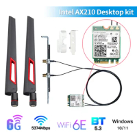 Tri Band WI-FI 6E Intel AX210 Bluetooth5.3 5374Mbps M.2 Wireless WiFi Card AX210NGW 2.4Ghz/5G/6G 802.11ax With Antenna Kit Win11