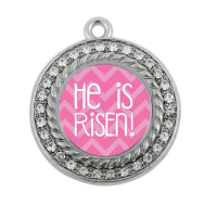 HE IS RISEN PINK CHEVRON PATTERNED SQUARE CIRCLE CHARM antique silver plated jewelry
