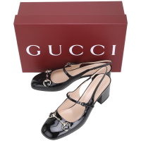 GUCCI 古馳 漆皮馬銜扣小牛皮露跟瑪莉珍鞋(跟5.5CM/黑色)