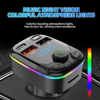 Car Bluetooth 5.0 FM Transmitter Fast Charger Colorful Ambient Light Dual USB Handsfree Cross Border Car MP3 Player