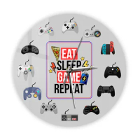 Eat Sleep Game Repeat Funny Gaming Quotes Printed Wall Clock For Gamer Players Room Video Game Controllers Decorative Wall Watch