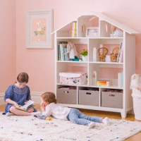 Kids' Deluxe Dollhouse Bookshelf Wooden Organizer Play Shelves with Storage Bins for Books Dolls Toys Supplies Kids Bedroom