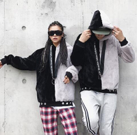 FINDSENSE Z1 韓國 時尚 潮 男女情侶穿搭 拼色 刺繡 短毛 連帽 外套 衛衣