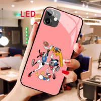 Mickey Luminous Tempered Glass phone case For Apple iphone 13 14 Pro Max Puls mini Luxury Fashion LED Backlight new cover
