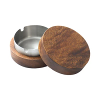 Wooden ashtray with lid for smokers, stainless steel liner, windproof ashtray, durable, easy to clean, patio, office and home