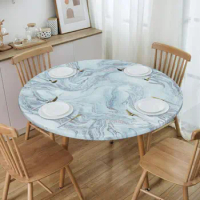 Blue And Silver Marble Luxurious Tablecloth Round Elastic Waterproof Texture Graphic Table Cloth Cover for Dining Room