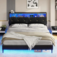 King Size Bed Frame with LED Lights and Headboard Storage,LED Bed Frames King Size with Charging Station, Upholstered Beds Frame