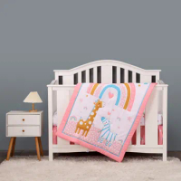 rainbow and girrafe design 3pcs baby bedding set including comforter, crib sheet, crib skirt for baby girl new born gift