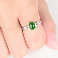 天然和田玉戒指女款925純銀鑲嵌綠寶石 開口調節日韓簡約潮人指環