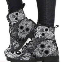 HOT Skeleton Women Snow Ankle Boots Motorcycle Skull Pansy Low Heels Shoes Vintage Pu Leather Warm Winter High Platform