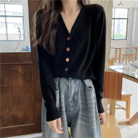 春秋女黑色寬松短款上衣長袖顯瘦薄款慵懶風V領針織開衫毛衣外套