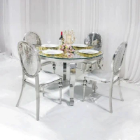 Cheap modern round table set 4 Seater Mirror Glass Top Stainless steel Silver Dining Table
