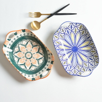 11寸長方盤陶瓷盤蒸魚盤防燙雙耳瓷盤子釉下彩北歐風創意家用菜盤