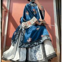 Original Qing Dynasty Heavy Industry Embroidery Tops Antique Style Clothes Blue Late Qing And Han Women's Cloaks Outerwear Dress