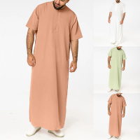 Muslim lelaki satu warna Jubba jubah jubah Saudi zip Vintage lengan pendek O leher Muslim arab pakaian islam