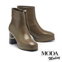 短靴 MODA MODAY 簡約率性全真皮方頭水台粗高跟短靴－綠