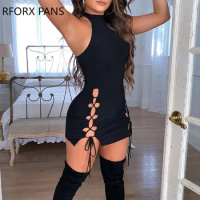 Solid Hollow Out Lace-Up Sleeveless Bodycon Dress Sexy Dress Women Dress