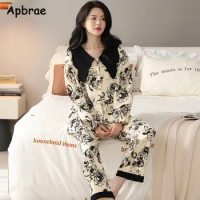 Floral Print Pajama Sets Spring Autumn Faux Cotton Pajamas for Women Long Sleeve Plus Size 4XL Pijama Princess Style Sleepwear