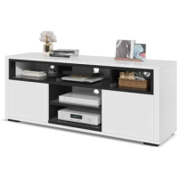 Modern LED TV Stand, Entertainment Center w/ Storage Cabinet &amp; Open Shelves,Wooden TV Console Table for Living Room,Black&amp;White