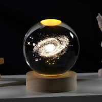 【A-ONE 匯旺】宇宙 銀河系 3D雕刻水晶球 發光水晶球 小夜燈 木底座 桌面 LED暖光夜燈