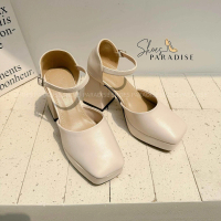 Giày cao gót mũi vuông đế đúp gót vuông cao 9p thời trang mary jane lolita đẹp màu đen kem Shoes Par