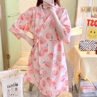 純棉紗布睡衣女夏季甜美休閑簡約寬松舒適半袖居家睡袍桑拿汗蒸服