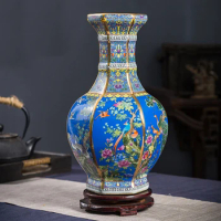 China Vase Red Rustic Vase Enamel Vase Hexagonal Flower And Bird Chinese Vase 10 Inch