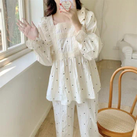 Women's Summer Pajama Set Korea Style Dot Print Ladies Sleepwear 2 Pcs with Pants Spring Long Sleeve Pyjama Suit for Female