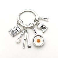 Coffee machine Kitchen Cooking Key Ring letter Fried Egg Pan Cook Book Tableware keychain Small Charm Bread Cake Maker Keychain