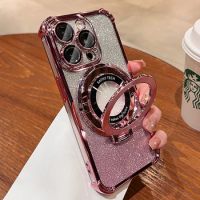Luxury Plating Magsafe Magnetic Holder Stand Phone Case For iPhone 11 12 13 14 15 Pro Max Bumper Protector On 15 Plus Cover
