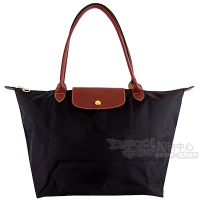 Longchamp黑色咖啡色皮飾邊長背帶折疊水餃包(大)